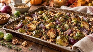Gerösteter Ofen-Rosenkohl mit roten Zwiebeln, Walnüssen und glänzender Senfglasur auf einem Blech