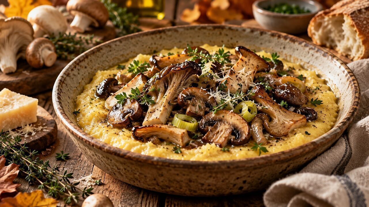 Cremige Ofenpolenta mit gebräuntem Pilzragout, Lauch, Thymian und Petersilie