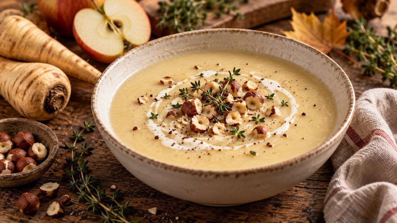 Zuppa cremosa pastinache di mele con nocciole tostate e timo fresco in guscio chiaro