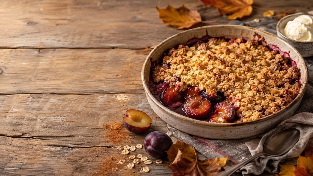Pflaumen-Crumble mit Haferstreuseln als wärmendes Herbstrezept mit saisonalen Zutaten und kräftigen Aromen