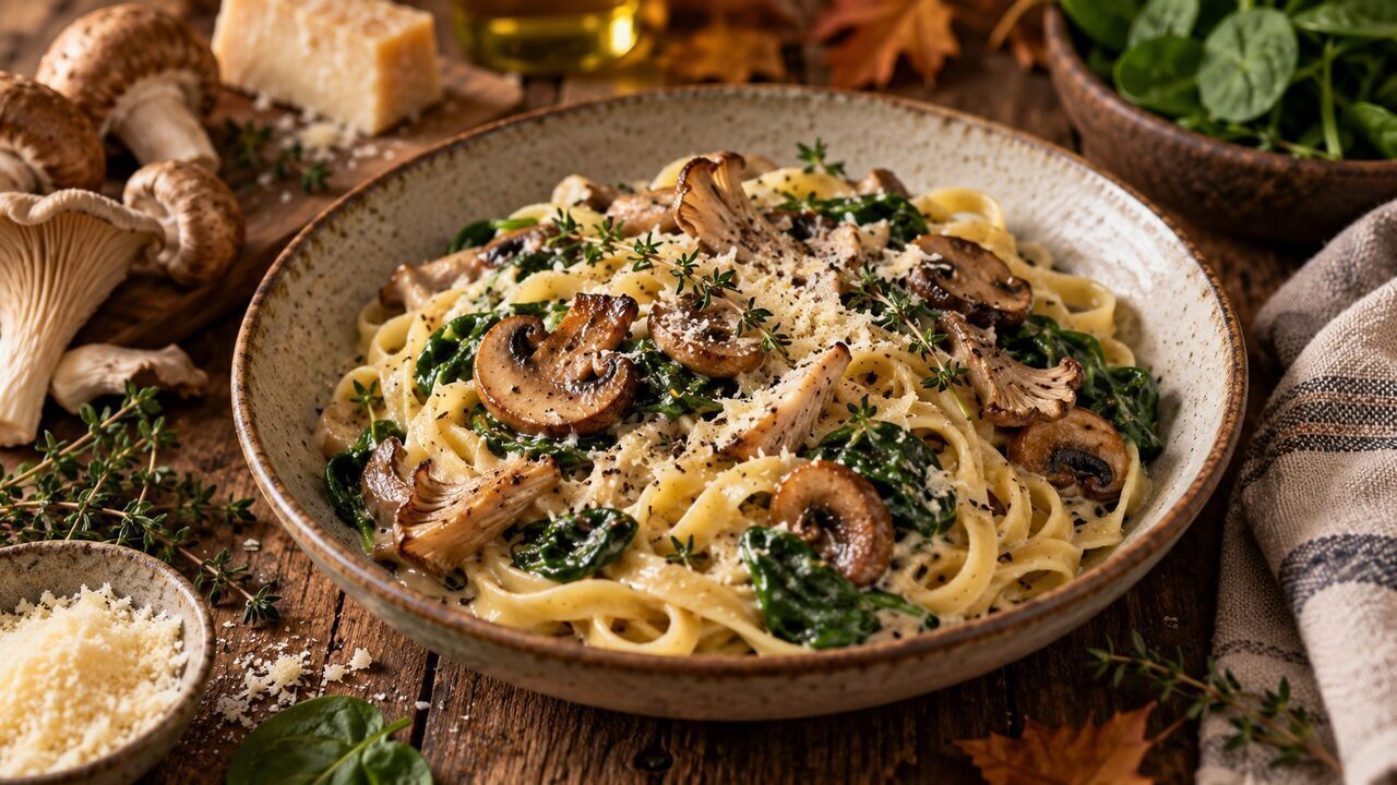 pasta cremosa ai funghi con funghi, ostriche, spinaci, parmigiano e timo