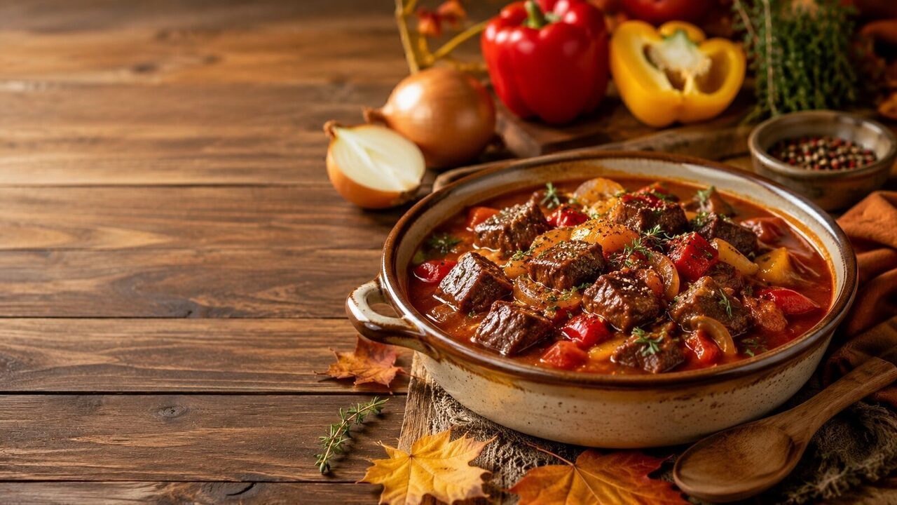 Rindergulasch mit Paprika als wärmendes Herbstrezept mit saisonalen Zutaten und kräftigen Aromen