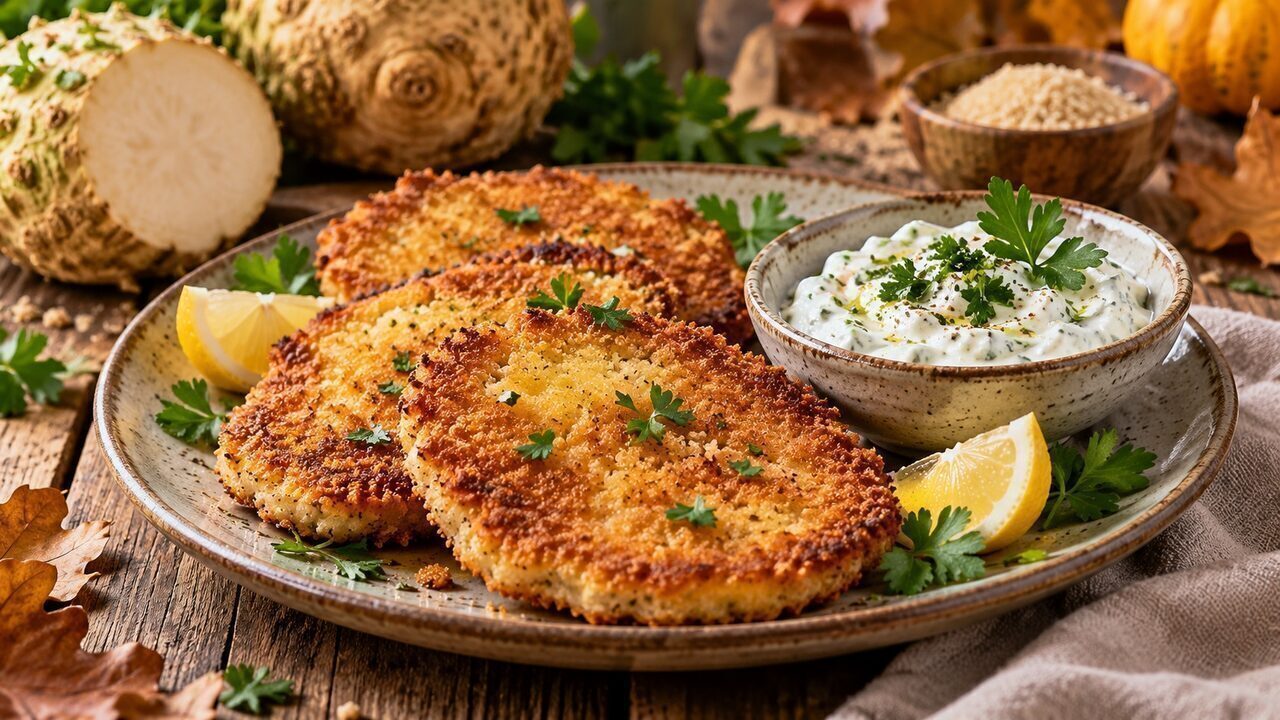 Goldbraun panierte Sellerieschnitzel mit Kräuterquark, Zitrone und Petersilie auf einem Teller