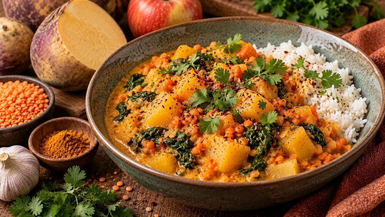 Cremiges Steckrüben-Curry mit roten Linsen, Spinat und Limette in einer tiefen Schale