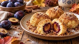 Aufgeschnittene Zwetschgenknödel aus Kartoffelteig mit violetter Fruchtfüllung und goldenen Zimtbröseln