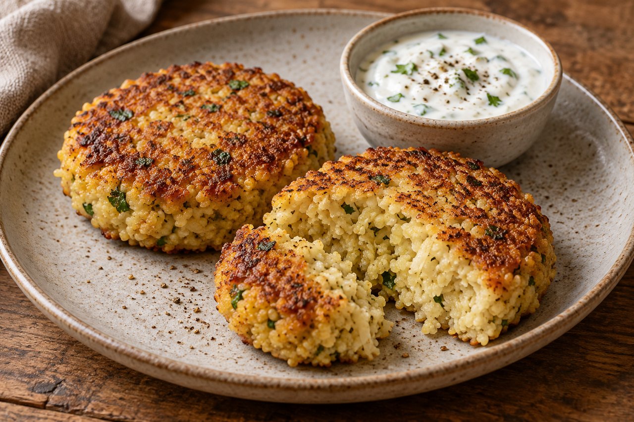 Golden millet and parsnip patties with visible grains and a small bowl of lemon yogurt