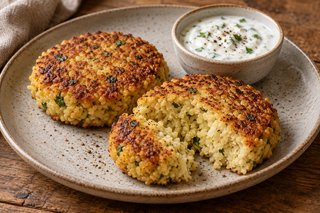 Golden millet and parsnip patties with visible grains and a small bowl of lemon yogurt