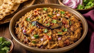 Baingan Bharta aus gerösteter Aubergine mit Tomaten, Zwiebeln, Chili und frischem Koriander