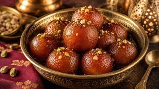 Gulab Jamun als goldbraune Milchbällchen in Kardamom-Rosen-Sirup mit Pistazien