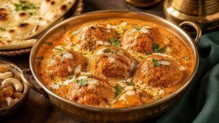Malai Kofta mit goldbraunen Kartoffel-Paneer-Bällchen in cremiger Tomaten-Cashew-Sauce