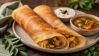 Knusprig gerollte Masala Dosa mit gelber Kartoffelfüllung, Kokoschutney und Sambar