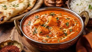 Paneer Butter Masala mit Paneerwürfeln in cremiger Tomaten-Cashew-Sauce, Sahne und Koriander