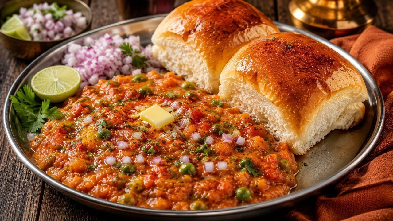 Pav Bhaji mit würziger zerdrückter Gemüsepfanne, Butter, gerösteten Brötchen, Zwiebeln und Zitrone