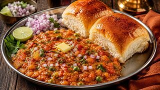 Pav Bhaji mit würziger zerdrückter Gemüsepfanne, Butter, gerösteten Brötchen, Zwiebeln und Zitrone