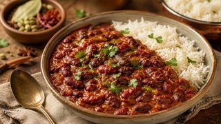Rajma Masala mit roten Kidneybohnen in sämiger Tomatensauce, frischem Koriander und Basmatireis