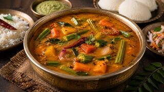 Südindisches Sambar mit Toor Dal, Gemüse, Curryblättern und Senfsaat in einer Schale