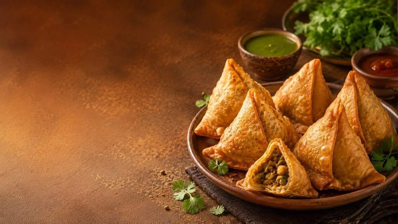 Samosas mit knusprigem Teig, Kartoffel-Erbsen-Füllung und Chutney