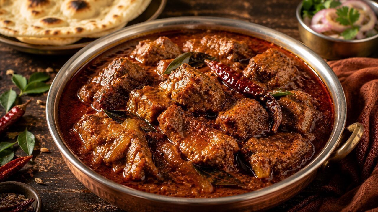 Goanisches Schweine-Vindaloo mit zarten Fleischstücken in roter Essig-Chili-Sauce und Koriander