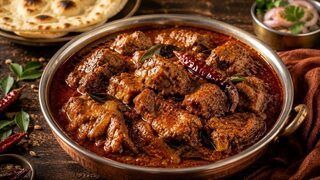 Goanisches Schweine-Vindaloo mit zarten Fleischstücken in roter Essig-Chili-Sauce und Koriander