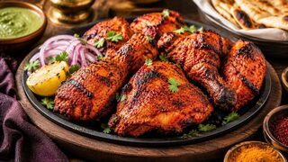 Tandoori Chicken aus dem Ofen mit gerösteter Gewürzkruste, Zitronenspalten, roten Zwiebeln und Minzchutney