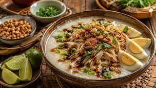 Cremiger Bubur Ayam mit gezupftem Hähnchen, Frühlingszwiebeln, Kecap Manis, Ei und Röstschalotten
