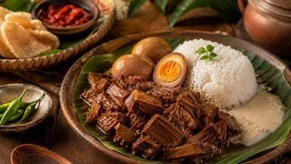 Indonesisches Gudeg mit braun geschmorter junger Jackfrucht, Eiern, Kokossauce und gedämpftem Reis