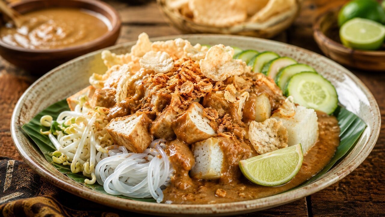 Ketoprak aus Jakarta mit Tofu, Reisnudeln, Sprossen, Gurke, Reiskuchen und Erdnusssauce