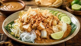 Ketoprak aus Jakarta mit Tofu, Reisnudeln, Sprossen, Gurke, Reiskuchen und Erdnusssauce