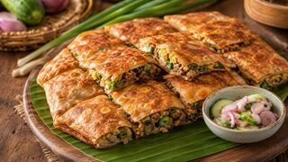 Knusprig gebratenes Martabak Telur mit Rindfleisch und Frühlingszwiebeln in kleine Quadrate geschnitten