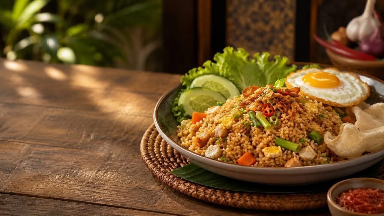 Nasi Goreng mit gebratenem Reis, Kecap Manis, Spiegelei, Gurke und Röstzwiebeln