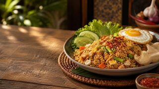 Nasi Goreng mit gebratenem Reis, Kecap Manis, Spiegelei, Gurke und Röstzwiebeln