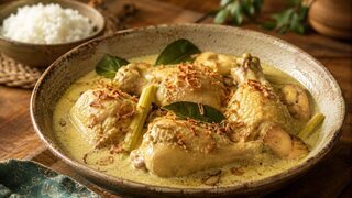 Javanisches Opor Ayam mit Hähnchenteilen in gelber Kokosmilchsauce, Limettenblättern und Röstschalotten