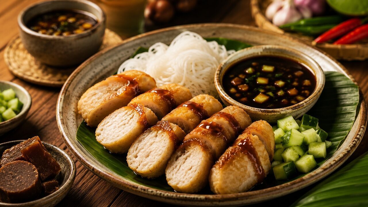 Aufgeschnittene Pempek Palembang mit dunkler Cuko-Sauce, Gurkenwürfeln und Reisnudeln