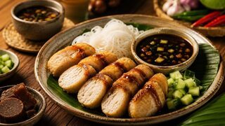 Aufgeschnittene Pempek Palembang mit dunkler Cuko-Sauce, Gurkenwürfeln und Reisnudeln