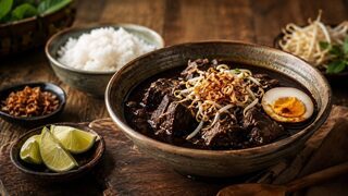 Schwarze indonesische Rawon-Rindfleischsuppe mit Mungbohnensprossen, Ei, Limette und Röstzwiebeln