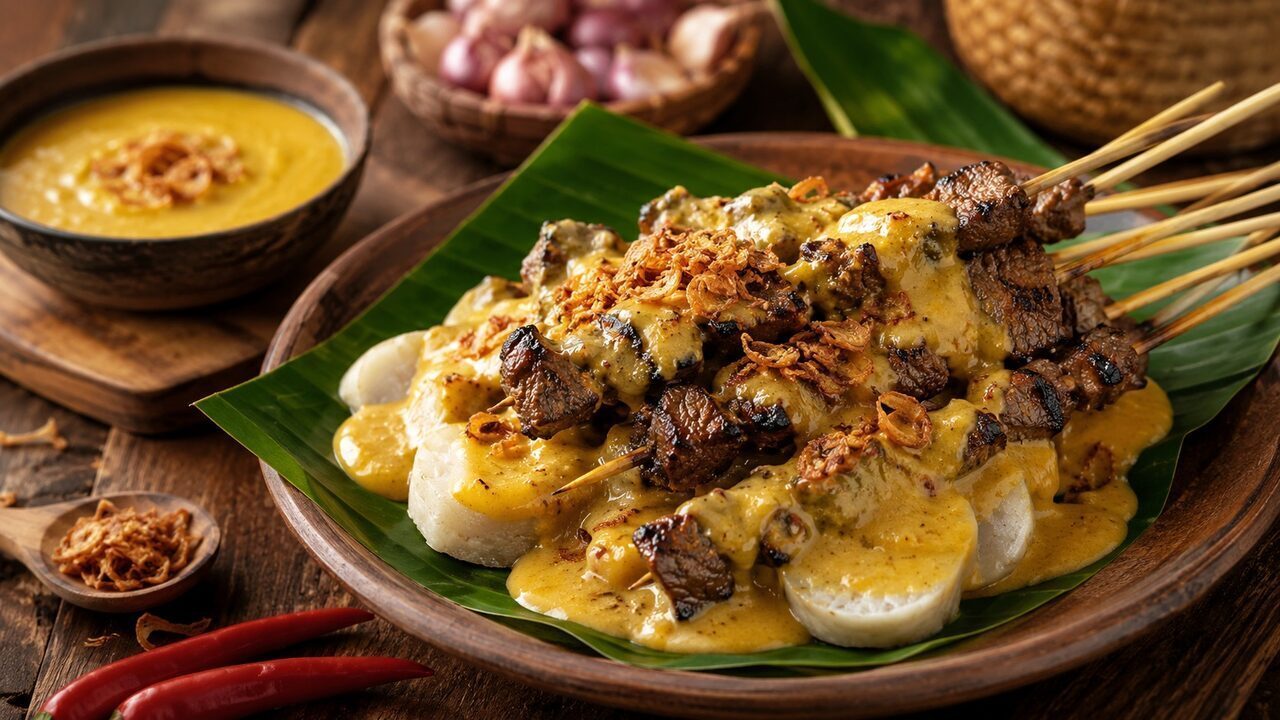 Sate Padang mit gegrillten Rindfleischspießen, dicker gelber Gewürzsauce, Reiskuchen und Röstschalotten