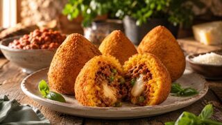 Aufgeschnittene sizilianische Arancini mit Safranreis, Ragù, Erbsen, Käse und knuspriger Panade