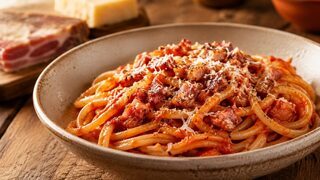 Bucatini all’Amatriciana mit Tomatensauce, knusprigem Guanciale, Pecorino Romano und schwarzem Pfeffer