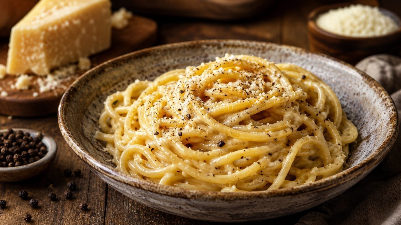 Cremige Cacio e Pepe mit Tonnarelli, Pecorino Romano und grob gemahlenem schwarzem Pfeffer