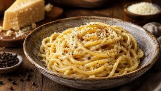 Cremige Cacio e Pepe mit Tonnarelli, Pecorino Romano und grob gemahlenem schwarzem Pfeffer