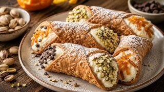 Sizilianische Cannoli mit knusprigen Hüllen, Ricottacreme, Pistazien, Schokolade und kandierter Orange