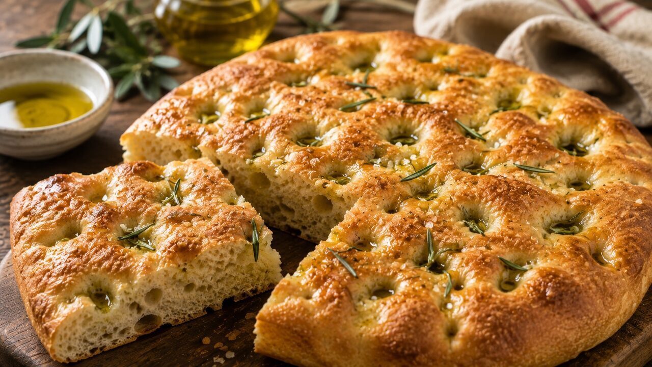 Goldbraune Focaccia Genovese mit tiefen Mulden, Olivenöl, grobem Salz und luftiger Krume