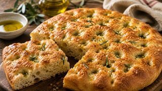 Goldbraune Focaccia Genovese mit tiefen Mulden, Olivenöl, grobem Salz und luftiger Krume