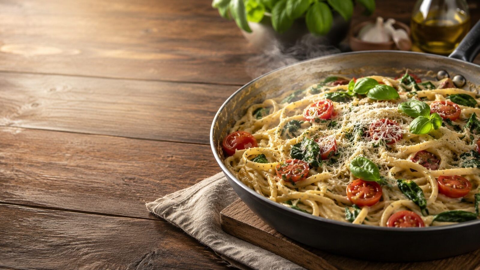 Mediterrane One-Pot-Pasta mit Tomaten, Spinat, Basilikum und Parmesan in einer flachen Pfanne