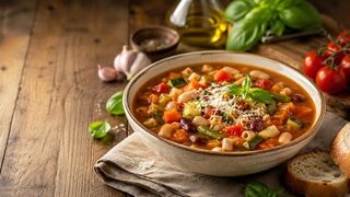 Minestrone mit Gemüse, Bohnen, kleiner Pasta, Parmesan und Basilikum