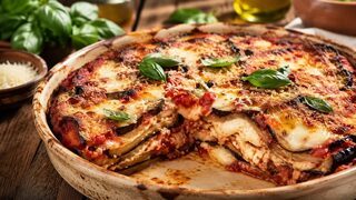 Angeschnittene Parmigiana di Melanzane mit Auberginenschichten, Tomatensauce, Mozzarella und Basilikum