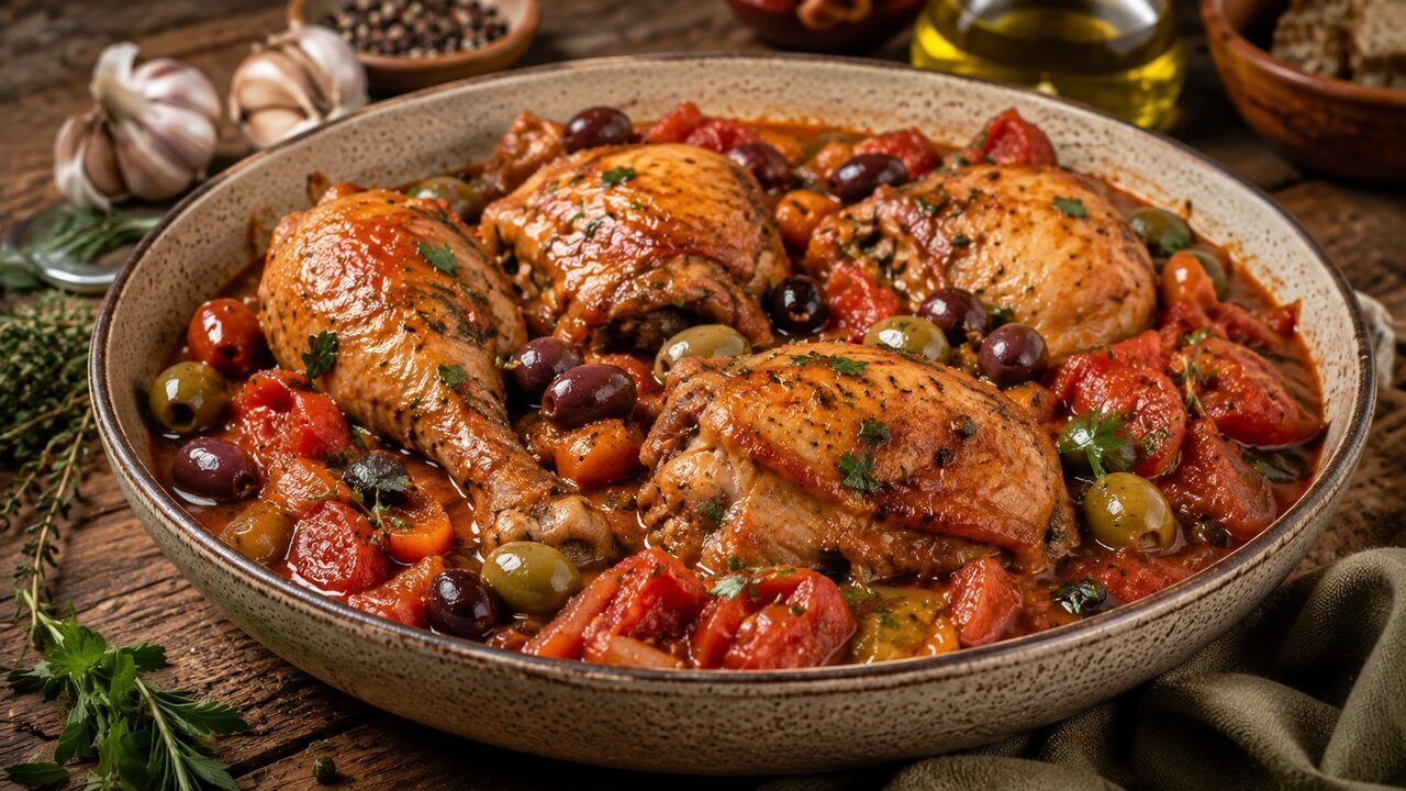 Pollo alla Cacciatora mit geschmorten Hähnchenteilen, Tomatensauce, schwarzen Oliven und Rosmarin