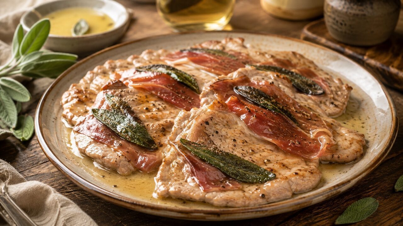 Saltimbocca alla Romana mit Kalbfleisch, Prosciutto, Salbeiblättern und glänzender Weißweinsauce