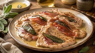Saltimbocca alla Romana mit Kalbfleisch, Prosciutto, Salbeiblättern und glänzender Weißweinsauce
