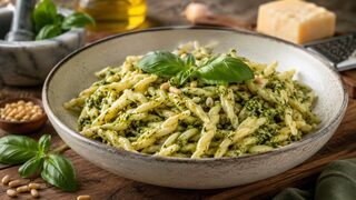 Trofie al Pesto Genovese mit grünen Bohnen, Kartoffelwürfeln, Basilikum und Pinienkernen